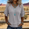 thumbnail image 6 of Womens Summer Gauze Tops Linen Raw Edge V Neck Short Sleeve and Hem Cotton Tunic Blouse Beach Vacation Tees, 3XL, 6 of 6