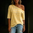 thumbnail image 6 of DeHolifer Women's T-Shirts Casual Off-shoulder Striped Printed Short Sleeve Turtleneck Tops Yellow XL, 6 of 8