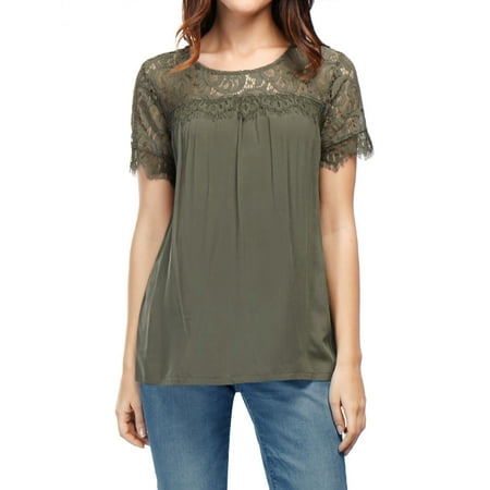 Sheer Black Lace Top - Women Lace Panel Upper Semi Sheer Yoke Short Sleeves Blouse Green /S (US 6)