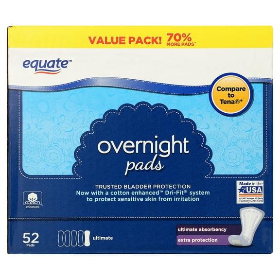 Women's Overnight Incontinence Pads, Ultimate Absorbency (52 Count), Compare to Tena®