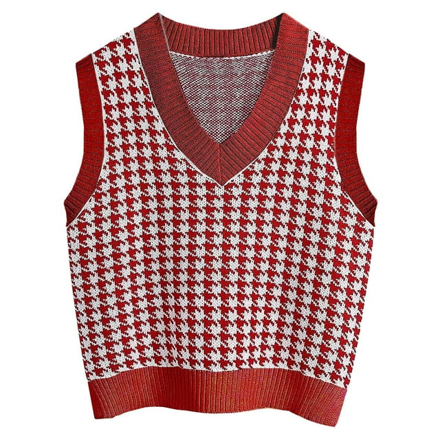 Women Casual Print Sleeveless V Neck Ribbed Knit Split Pullover Sweater Vest Blouse