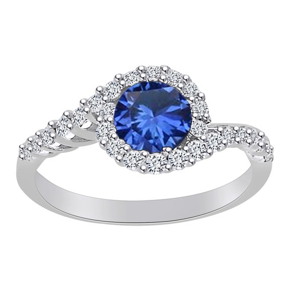 AFFY 1.6 Carat (Ctw) Round Blue Sapphire & White Natural Diamond Swirl Halo Engagement Ring In 14k Solid White Gold Ring Size-9