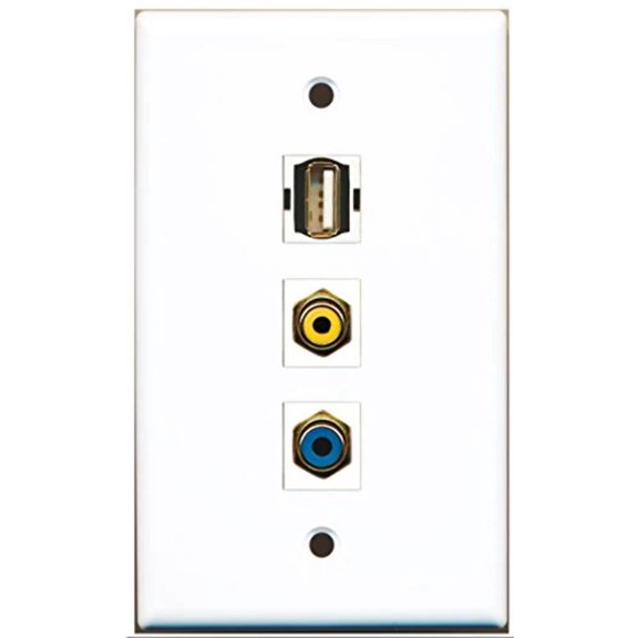 RiteAV - 1 Port RCA Yellow and 1 Port RCA Blue and 1 Port USB A-A Wall Plate