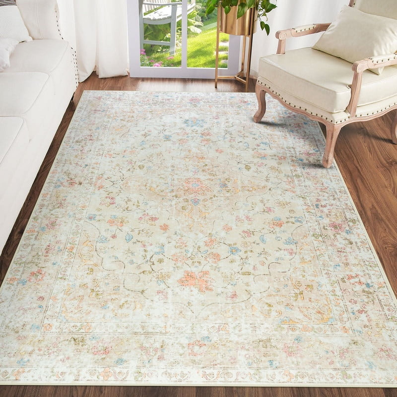 Junovo Boho Area Rugs Vintage Boho Carpet Non-slip Floor Rug for Living Room,4'x6',Beige