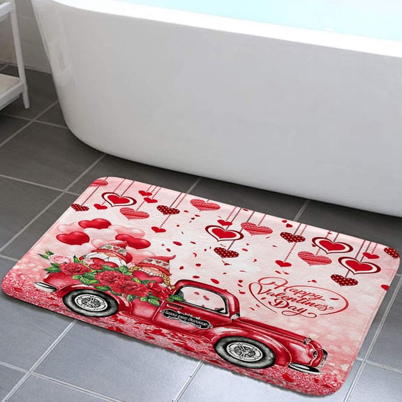 Valentine's Bathroom Rugs, Pink Bath Rugs Gnomes Valentine Bathroom Rugs Love Heart Balloon Doormat Absorbent Non Slip Durable Soft Flannel Mat Memory Foam Mats Carpet for Bathroom Kitchen(17X29)