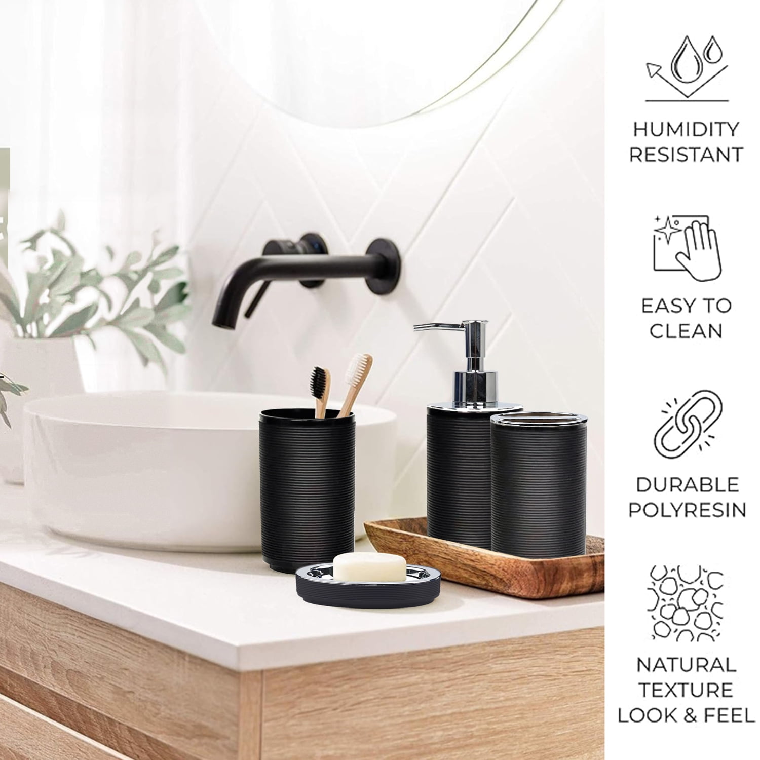 CERBIOR Bathroom Accessories Set 6 Pcs Bathroom Set Ensemble Complete Soap Dispenser Toothbrush Holder Tumbler Soap Dish Toilet Cleaning Brush Trash Can, Thread Black