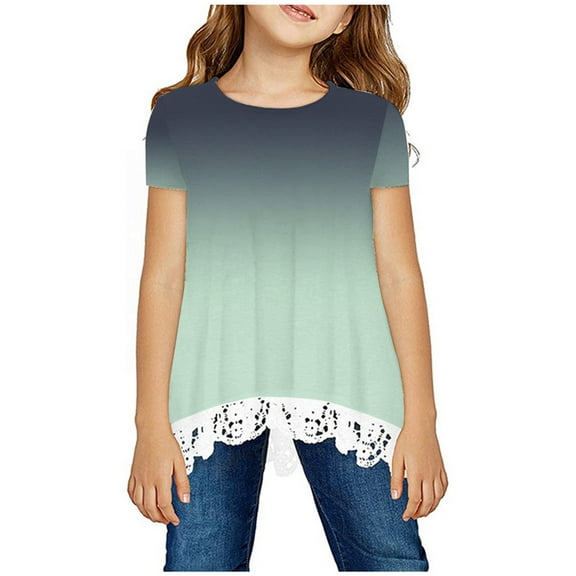 Odeerbi Toddler Girls Gradient Shirt Kids Crewneck Layered Floral Print Shirt Short Sleeve Cute Blouse Lace Tee Top Green 3-4 Years