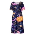 thumbnail image 4 of Women's Round Neck Halloween Patchwork Print Dress with Pockets Short Sleeve Loose Midi Dress Casual Fall Outfit for Daily Wear Purple S, 4 of 6