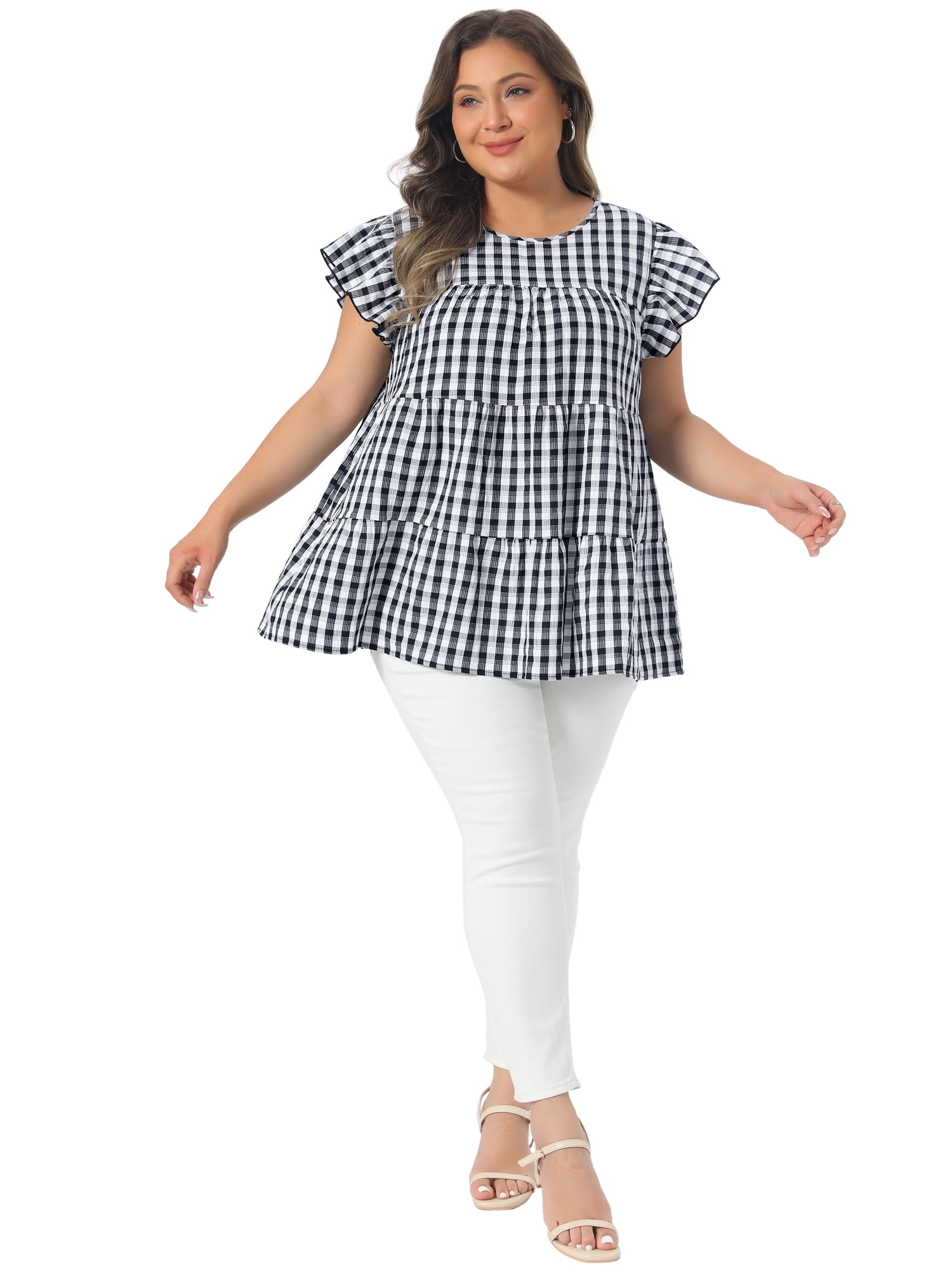 Women's Plus Women's Gingham Top 1950s Crew Neck Flare Short Sleeve Blouse 4X Black