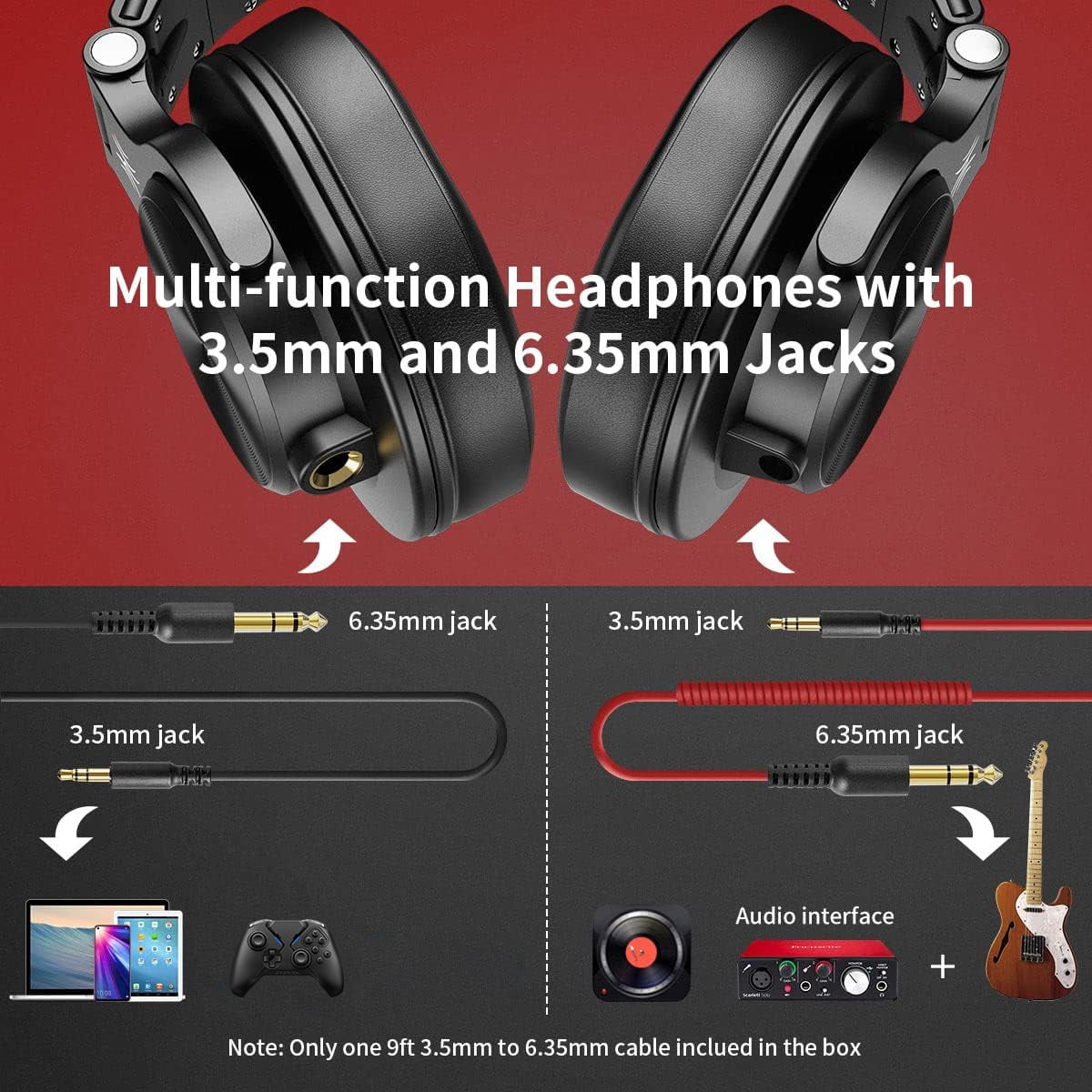 OneOdio Wired Headphones Over-Ear Headset with Mic Long Cords & Dual Plugs & Shareports for TV PC Phones-A71 Red
