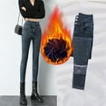 thumbnail image 4 of sunsanly Women Winter Jeans Solid Color Plush High Waist Pockets Soft Keep Warm Buttons Washed Denim Women Trousers Women Clothes, 4 of 7