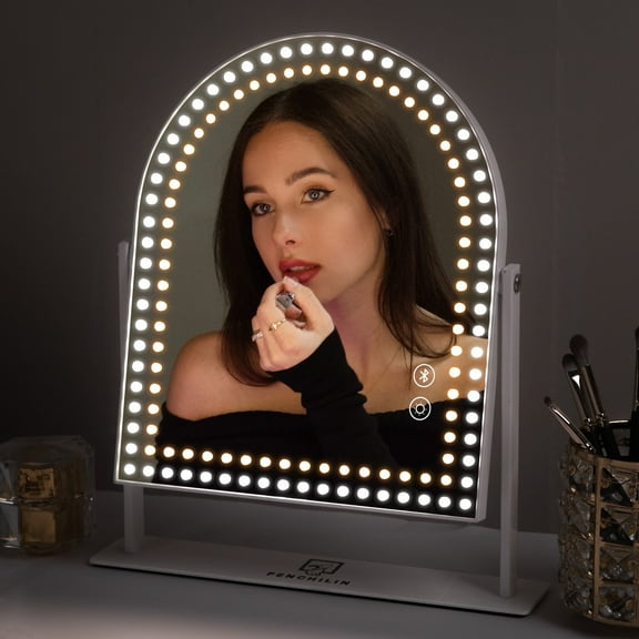 Fenchilin 12''x14'' Arch Vanity Makeup Mirror with Lights Bluetooth Metal Tabletop White