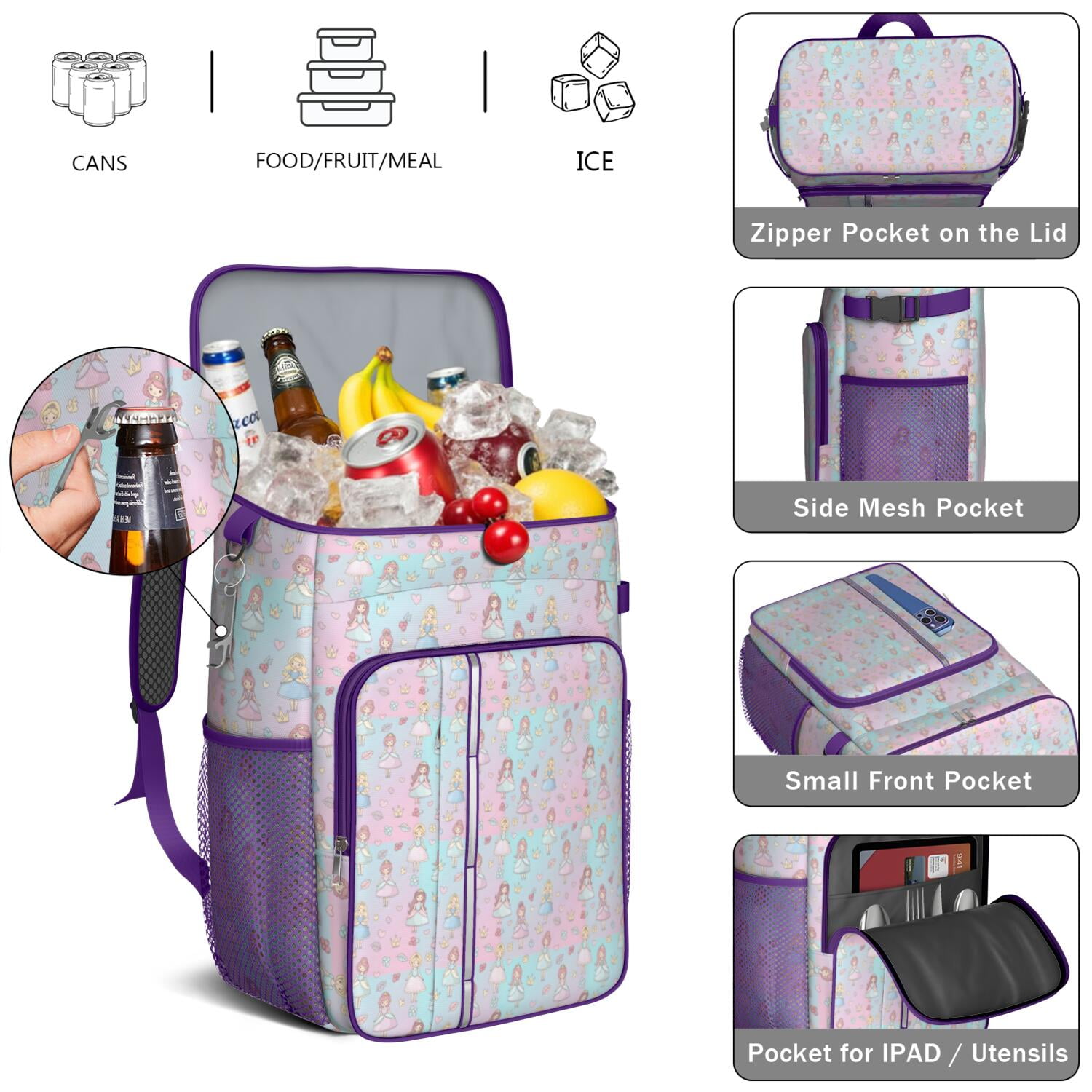 Travel Cooler Bag - Pastel Princess Pattern Camping Beer Cooler Backpack with Bottle Opener- Waterproof Insulated Picnic Backpacks - Cooler Bag for Beach