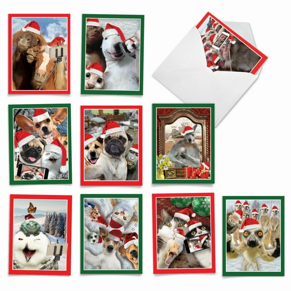 10 Pack Christmas Thank You Note Cards - Holiday Animal Selfie