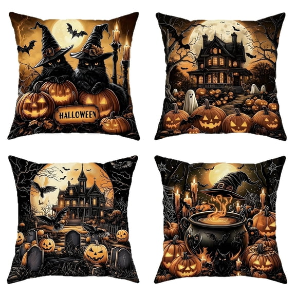 4-Pack Vintage Halloween Pillow Covers 18 x 18 Inch, Black Cat Haunted House Pumpkin Witch Throw Pillow Cases for Sofa Couch Fall Home Decor