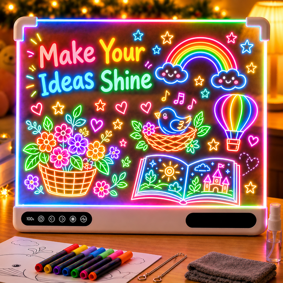 Redsmile Led Drawing Board for Kids,13.7"X10"Rechargeable Light-Up Dry Erase Board with 7 Color Light Modes,Doodle Glow Drawing Board with 7 Markers and Tracing Book,Sketching Gift Toy for Kids