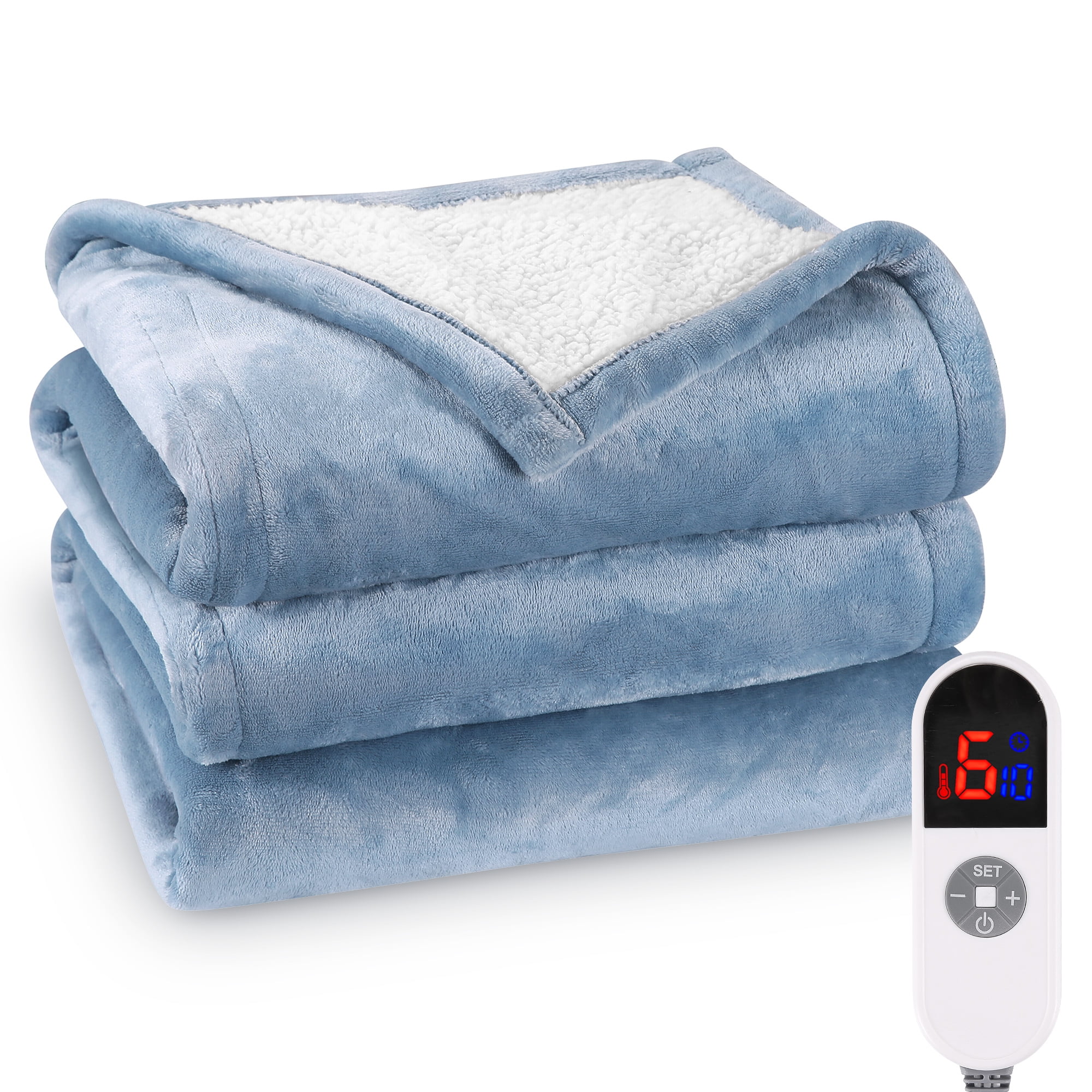 MARNUR Heated Blanket Twin Size 62"x 84", Flannel & Sherpa Electric Blanket with 10 Hours Timer, 6 Heat Settings, Machine Washable, Blue