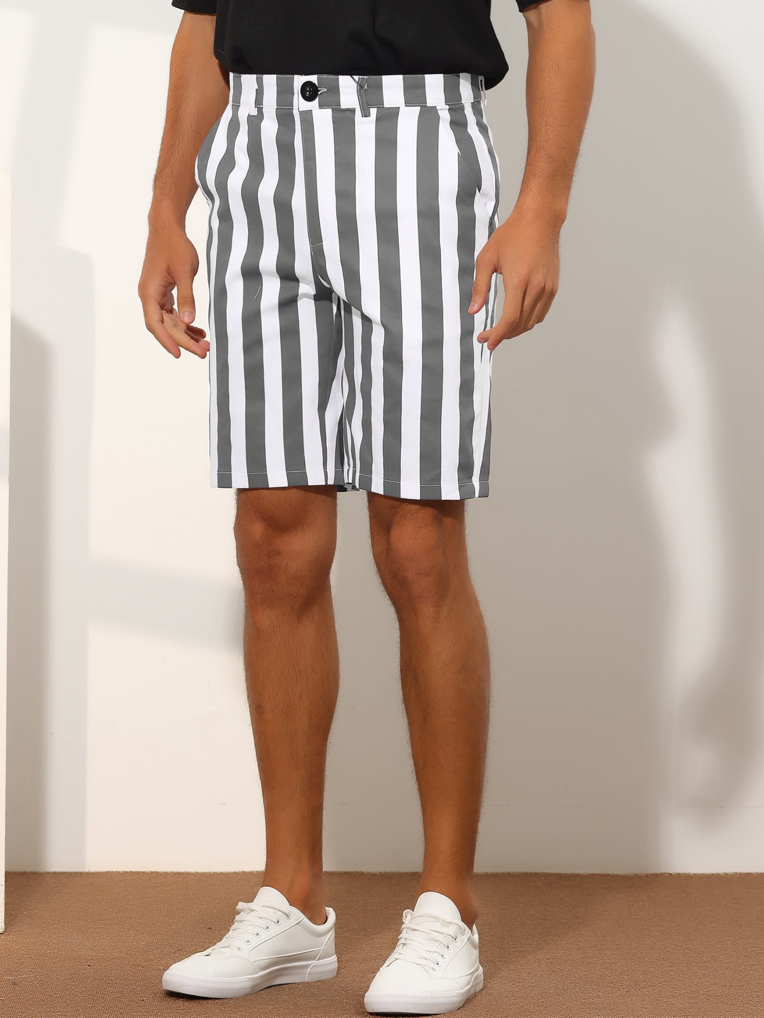 Unique Bargains Men's Striped Shorts Summer Regular Fit Business Flat Front Shorts 38 Gray