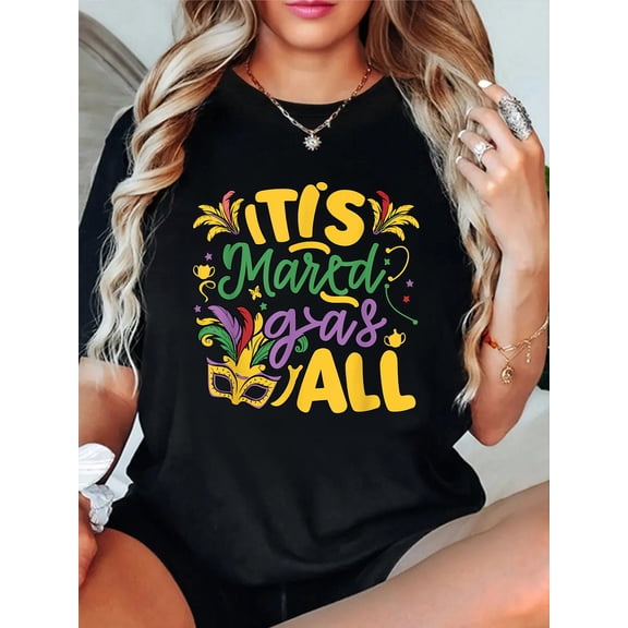 100% Cotton It's Mardi Gras Yall Mardi Gras Party Mask Costume Men Women T-Shirt Print Round Neck Cotton T-Shirt, Summer Women's Tops, gift