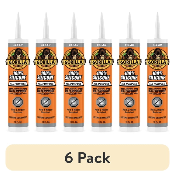 (6 pack) Gorilla Waterproof Caulk & Seal Silicone Sealant, 10oz Cartridge - Clear Caulking Sealant for Kitchen, Window, Bath, Marine, Door and More