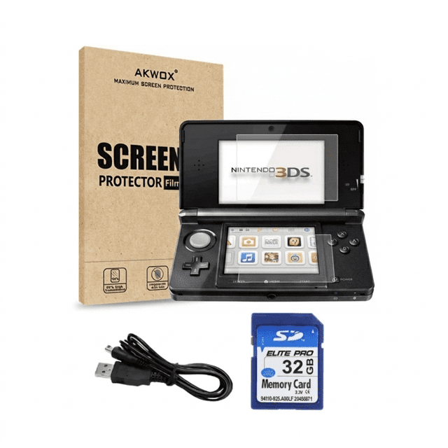 Nintendo 3DS Handheld Gaming Console - Cosmo Black (Refurbished) Bundle with RetroFam 32GB SD Card & Glass Screen Protector