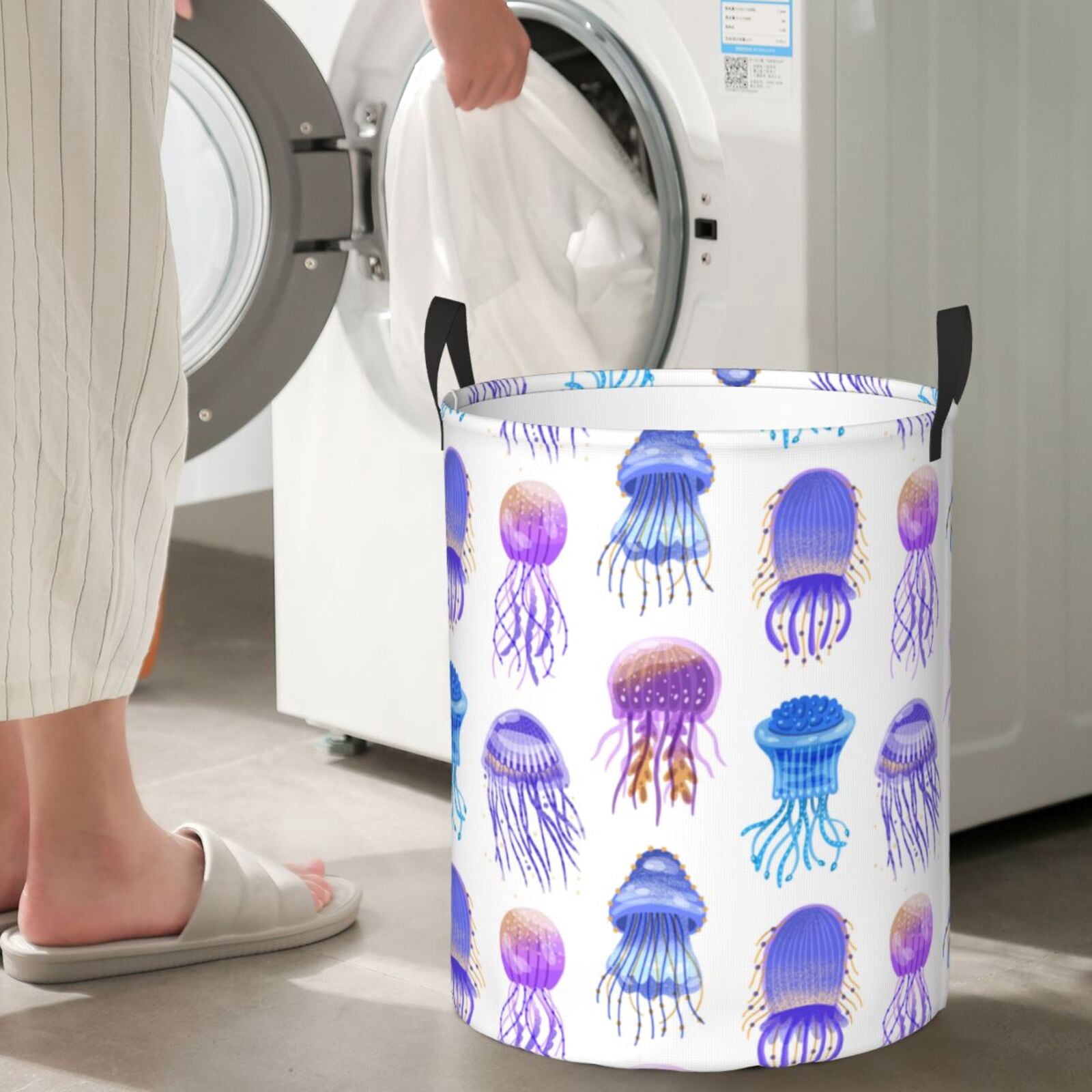 Large Laundry Basket with Handles - Blue-Purple Jellyfish Kids Baby Dirty Clothes Laundry Hamper for Bedroom Aesthetic