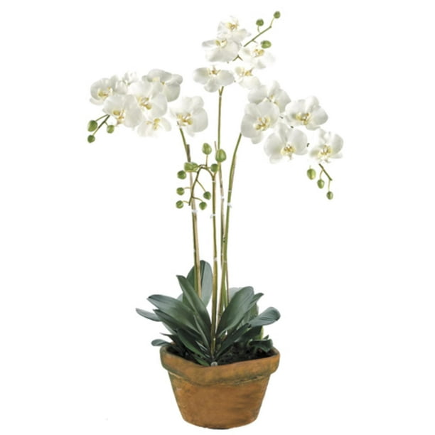 30&quot; Potted Artificial White Phalaenopsis Orchid Plant Silk