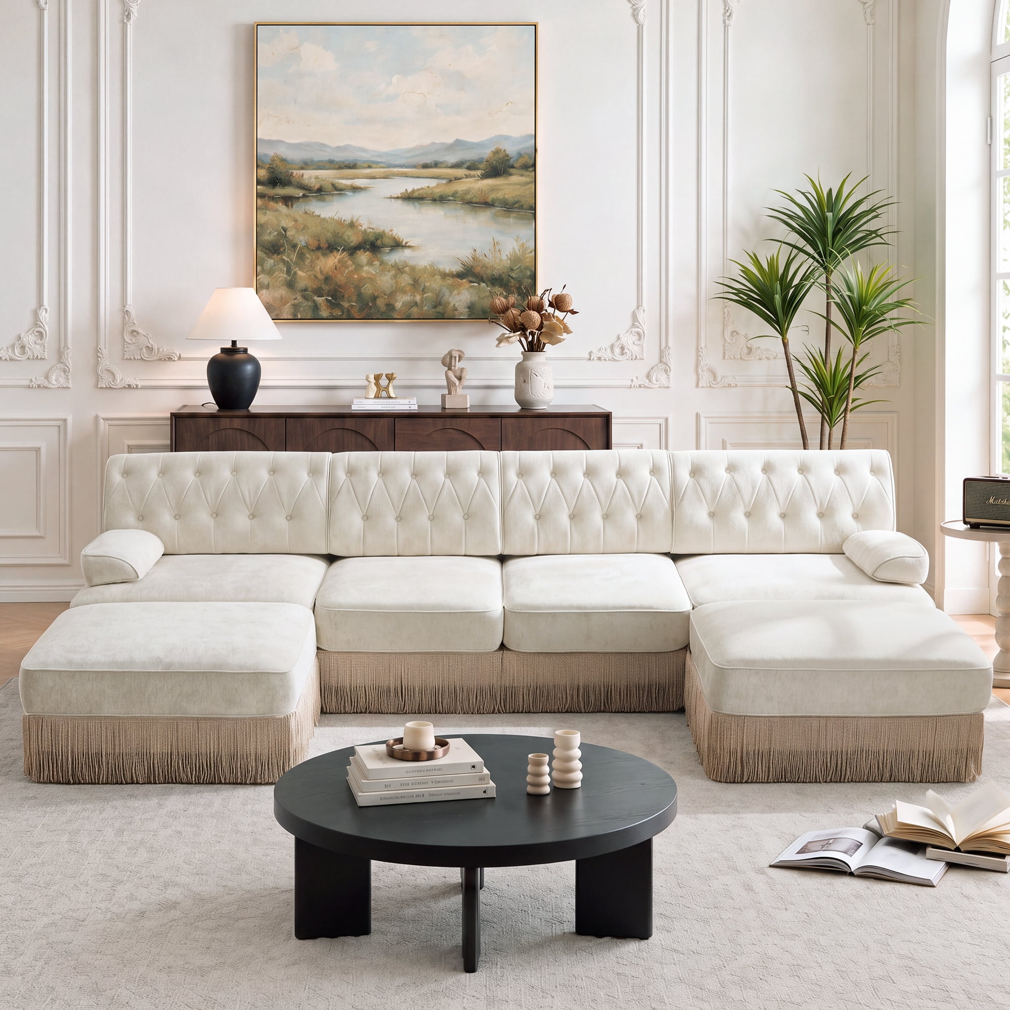 135" Chesterfield 4 Seater U-Shaped Modular Sectional Sofa Set with 2 Ottoman and Tassel Skirt, Easy to Assemble