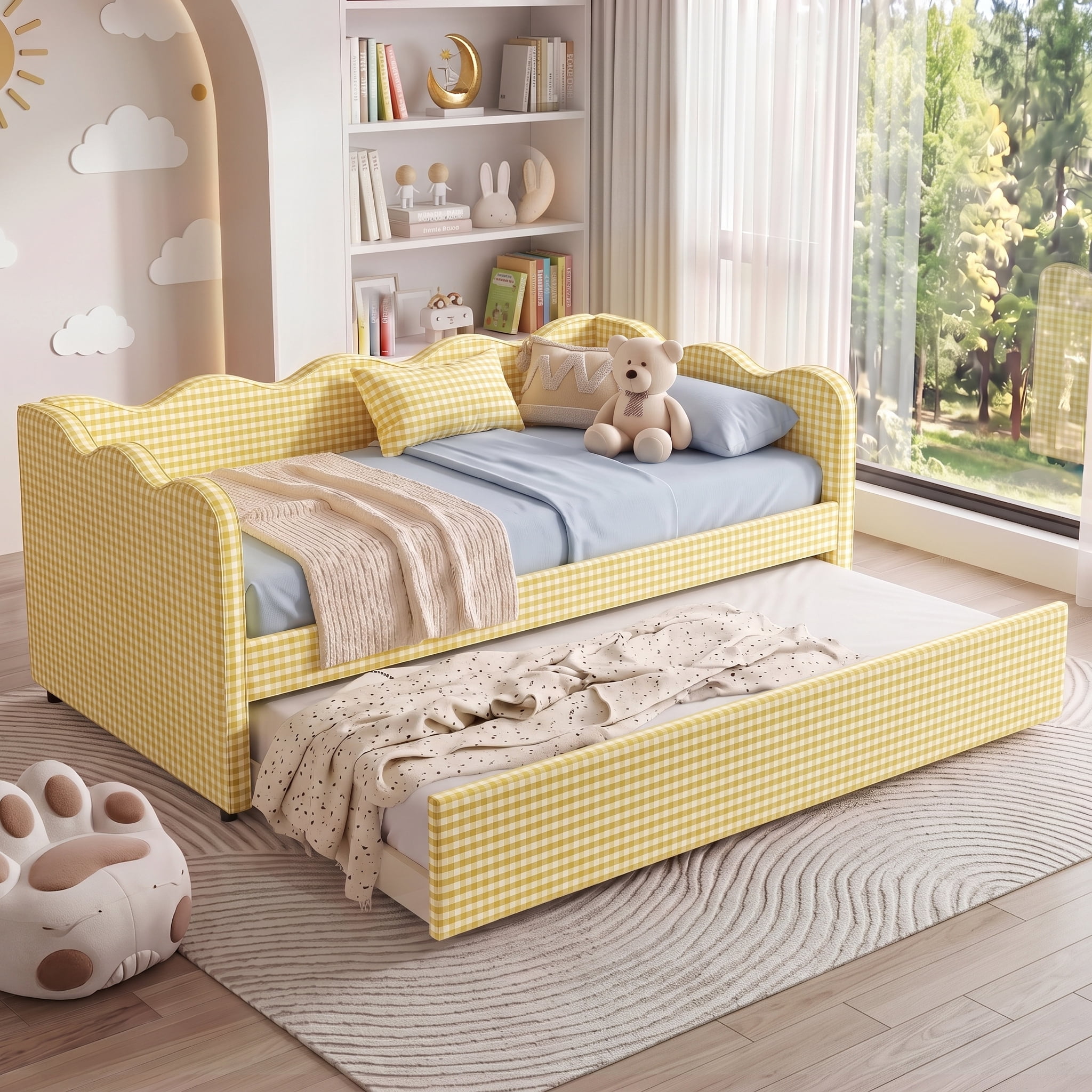 avobird Cozy Gingham Daybed with Trundle Twin Size Sofa Bed for Living Room, Sleeper Sofa with USB Port and Adorable Wave Shaped, Linen Fabric, Yellow