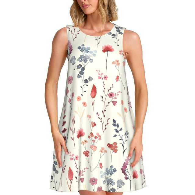 Bixox Robe Sans Manches à Imprimé Aquarelle 3 Fleurs Sauvages pour Femmes avec Poches, Robe Décontractée Longueur Genou pour l'Été-3TG