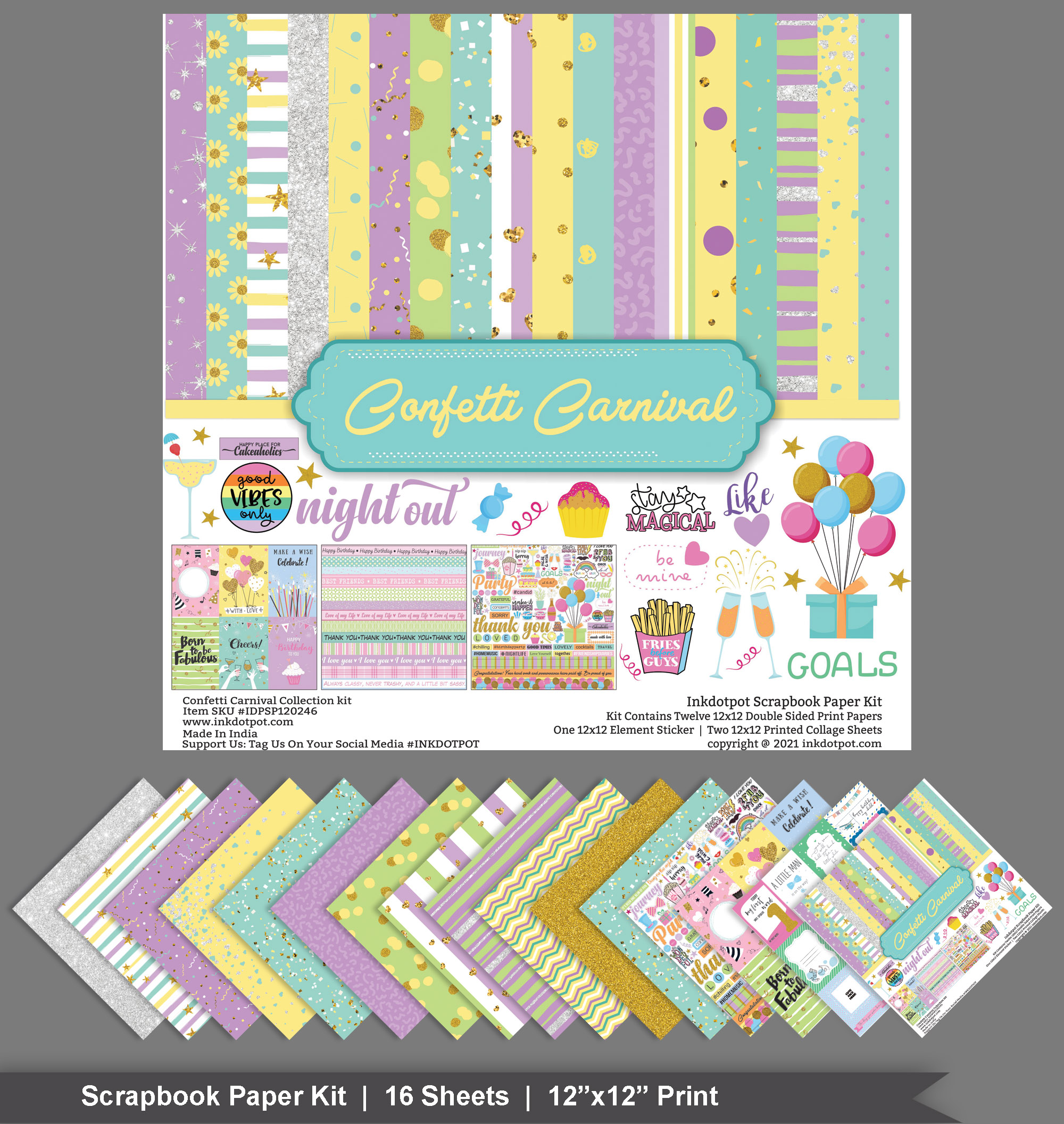 Inkdotpot Pastel Confetti Collection Double-Sided Scrapbook Paper Kit Cardstock 12"x12" Card Making Paper Pack Of With Sticker Sheet - 16 Pages - Multicolor