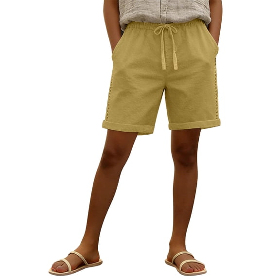 hoksml Women's Drawstring Waist Cotton Shorts, Casual Bermuda Shorts Breathable Summer Shorts for Daily and Vacation Wear