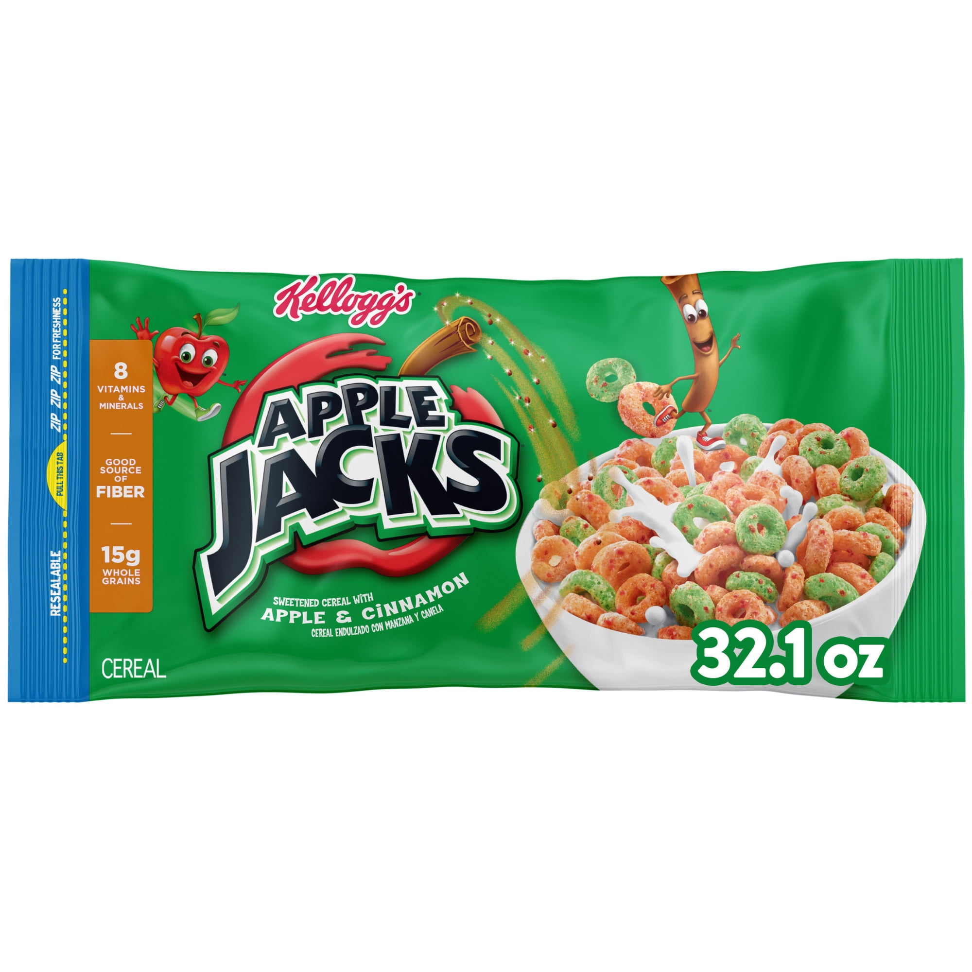 Kellogg's Apple Jacks Breakfast Cereal, Good Source of Fiber Bag, 32.1 oz