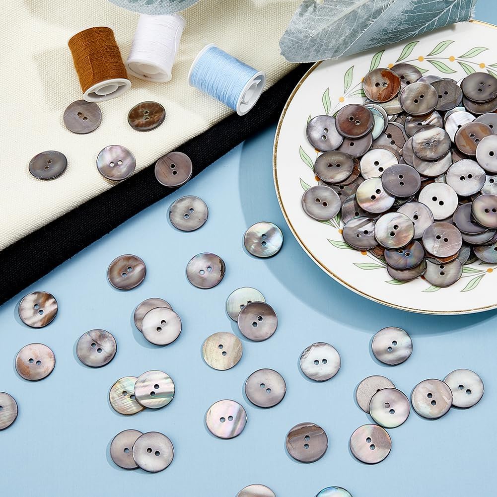 1set 200pcs Shell Buttons 2 Holes Sewing Craft Buttons Natural Shell Button Flat Round Seashell Buttons Sewing Accessories for Clothing Blazer Suits Shirts Jeans Sweater Jacket DIY Craft Black