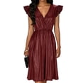 thumbnail image 3 of TaTaai Women's Party Midi Dress V-Neck Puff Sleeve Sparkling Solid Color Loose Fit A-Line Casual Prom Night Out Dress Gift, 3 of 8