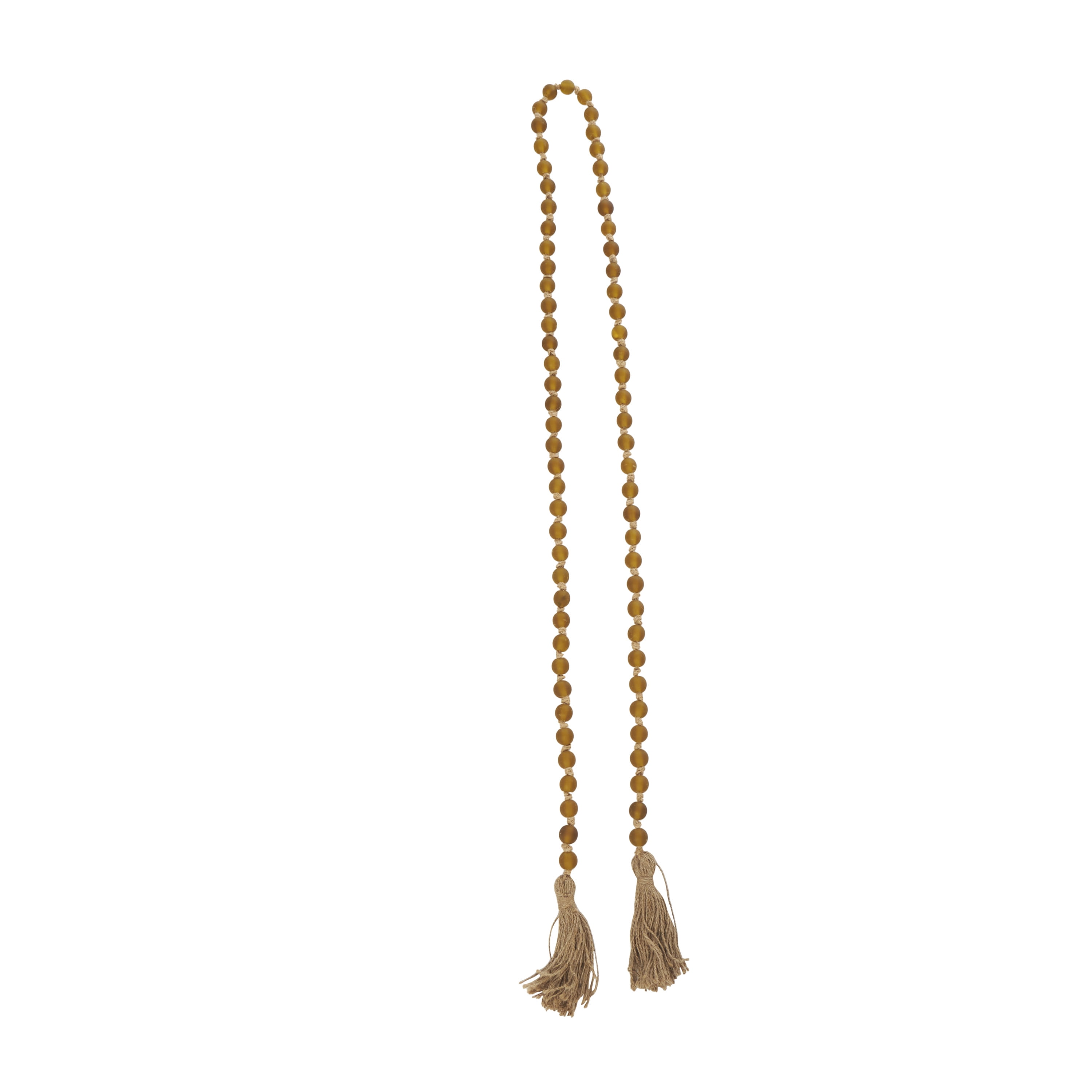 DecMode Handmade Round Long Frosted Beaded Yellow Glass Garland with Tassel with Knotted Brown Jute