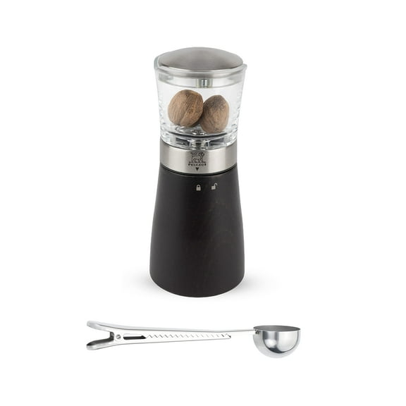 Peugeot - Madras Manual Nutmeg Mill - Spice Grinder - Stainless Steel Gift Set - With Stainless Steel Spice Scoop & Clip (Black Beachwood)