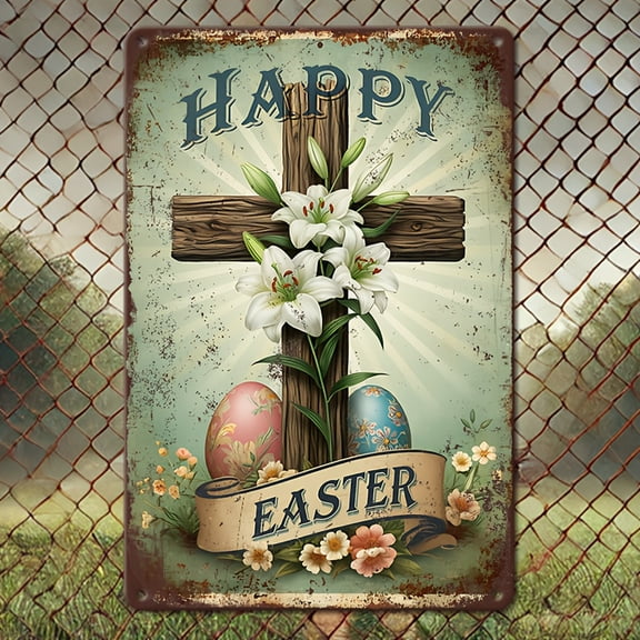 HELLOYOUNG Vintage Metal Tin Sign, Easter Wall Decor 8x12 Inch Large with Cross and Lily, Religious Inspirational Rustic Home Art, Retro Kitchen Bar Pub Sign