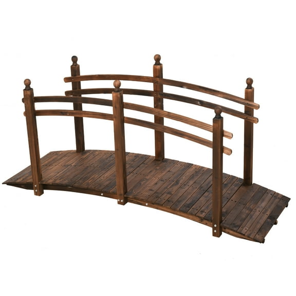 Fir Wood Garden Bridge with Side Railings, 7.5 Foot Arc Walkway for Backyards, Gardens, and Stream Crossings, Carbonized Finish for Durability and Rustic Charm