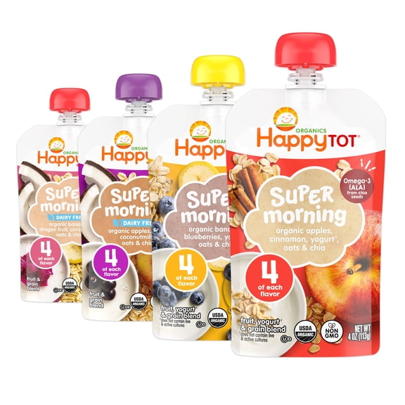 Happy Tot Organics Super Morning & Super Food Stage 4 Variety, 4oz Pouch,16 pack: