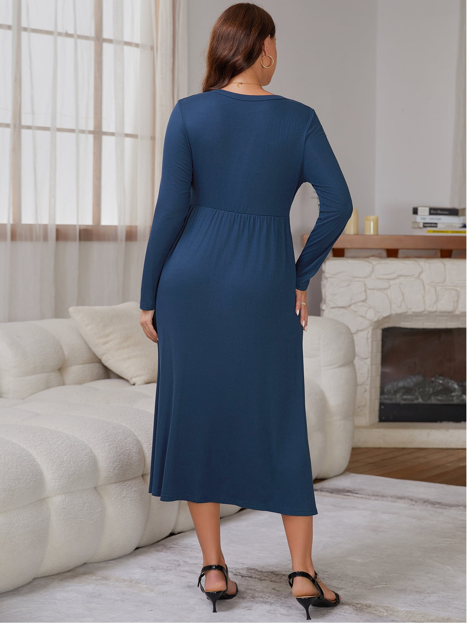 DARING DIVA Women's Soft A-line Maternity Dresses Long Sleeve Maxi Dress M Blue