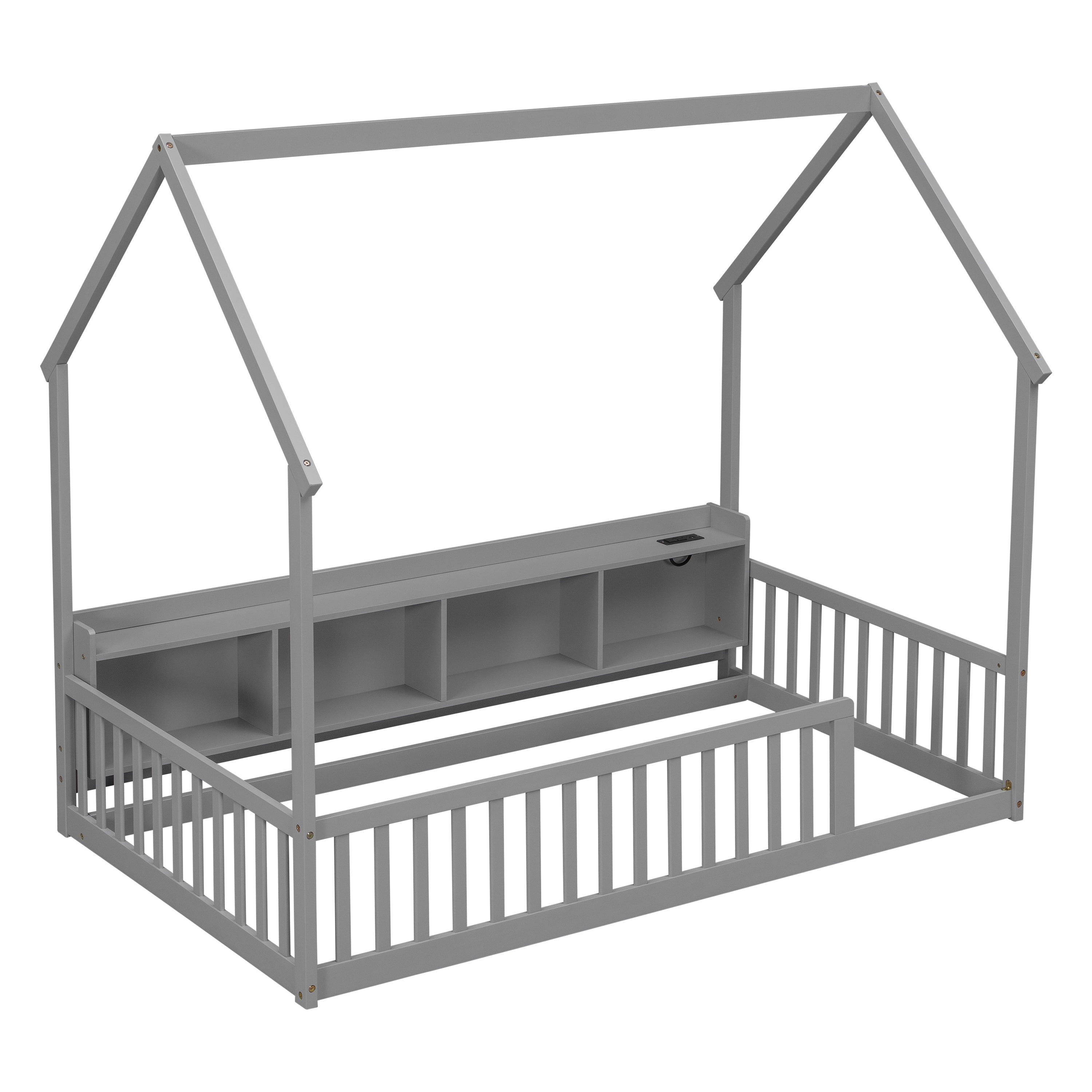 Floor Bed with House Design and Storage Shelves, Twin Pine Wood Platform Bed and Charging Station Bed Frame with LED Lights and Guardrails, Gray