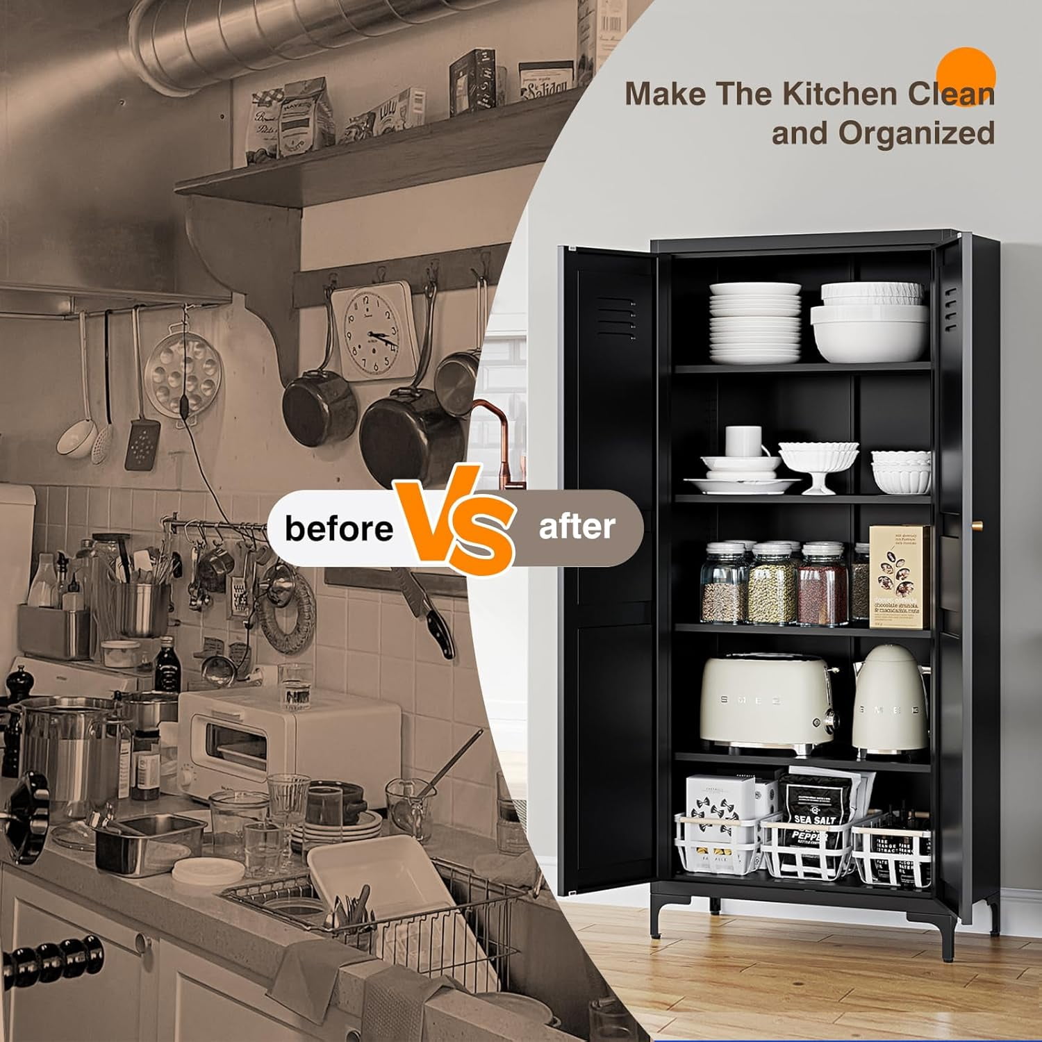 Yizosh Metal Pantry Cabinet,Tall Kitchen Pantry Storage Cabinet with Doors and Adjustable Shelves - 61" Black Cupboard Cabinet for Kitchen, Living Room,Dining Room,Home