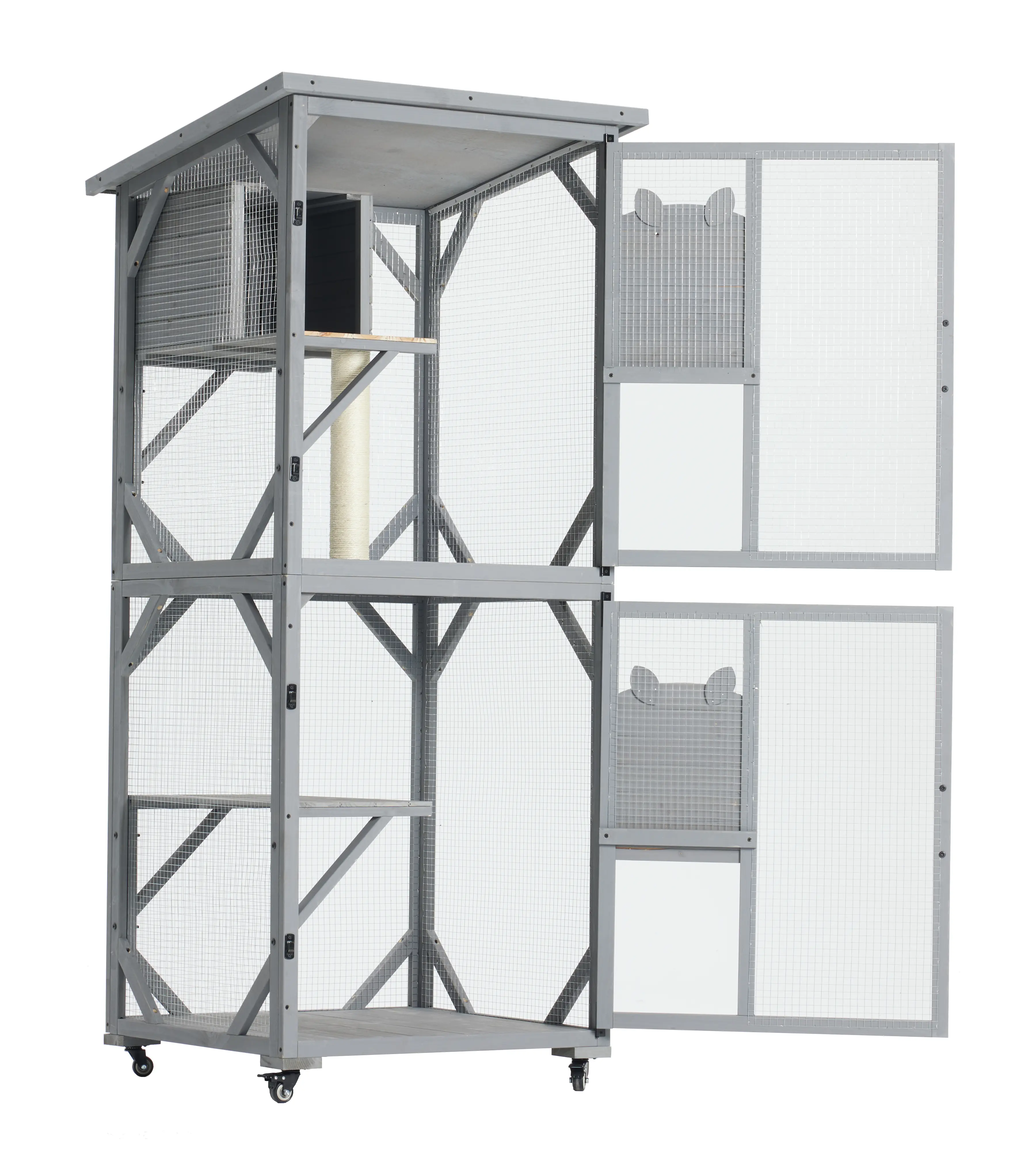 Aukfa 30.7" Wooden Catio Outdoor Pet Large Cat House with Waterproof Top & Wheels for Mulitiple Cats Walk in Cat Cage,Gray