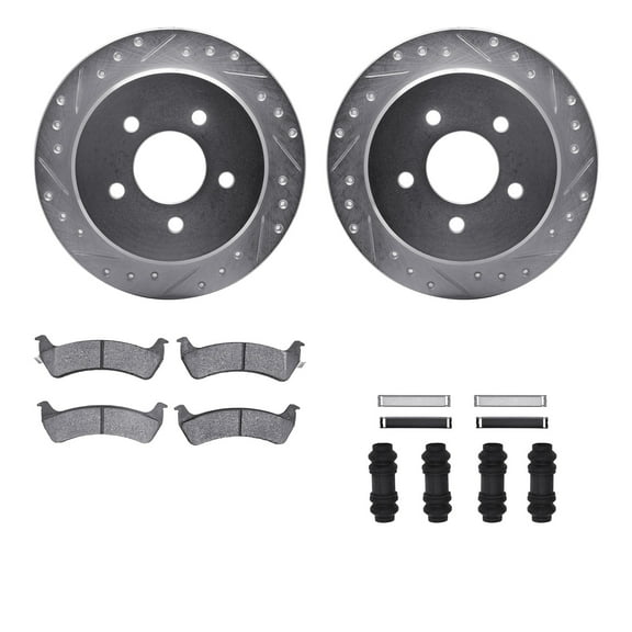 Dynamic Friction Company Rear Brake Rotors-Drilled and Slotted-Silver with Heavy Duty Brake Pads includes Hardware 7212-99126