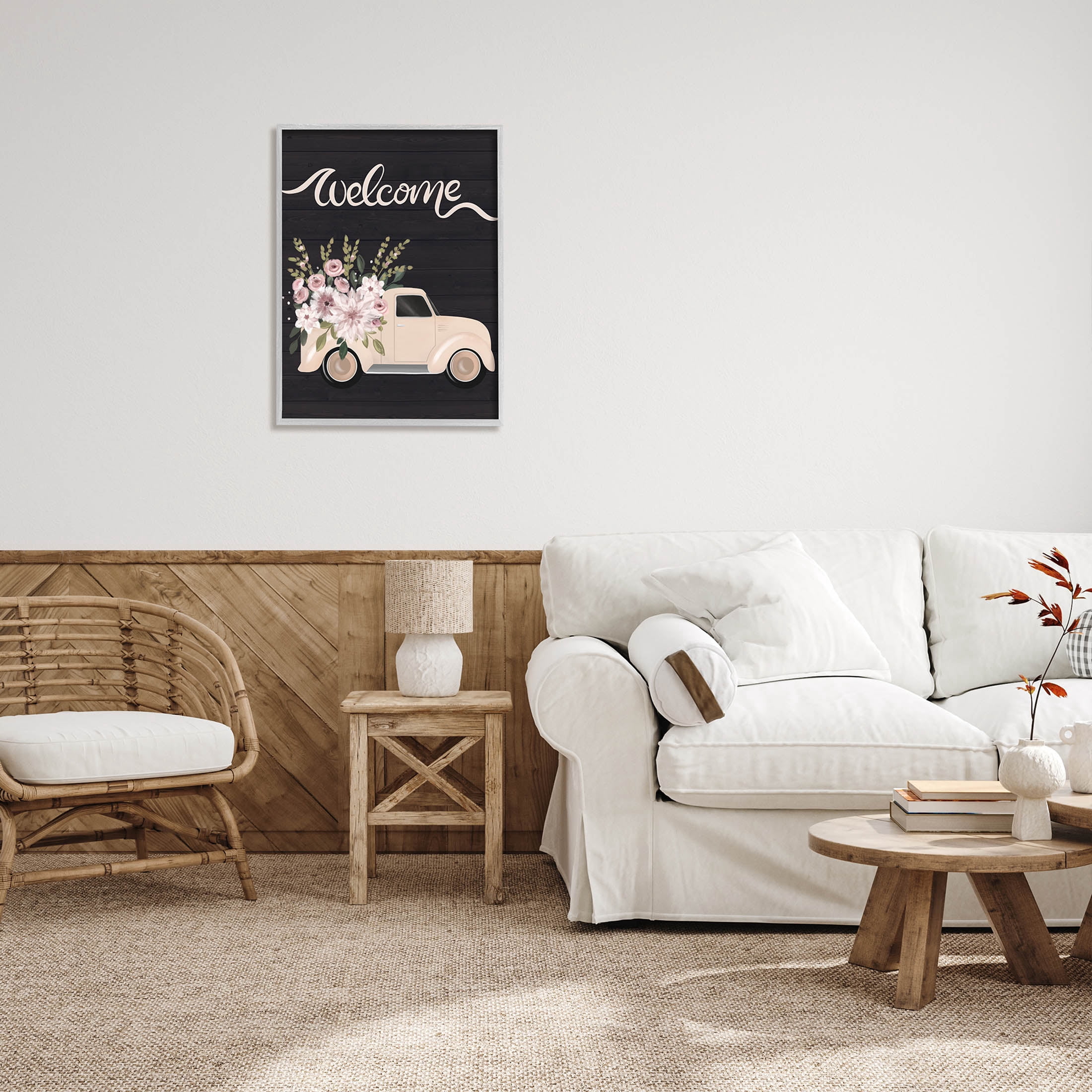 Floral Welcome Country Truck Transportation Graphic Art Gray Framed Art Print Wall Art