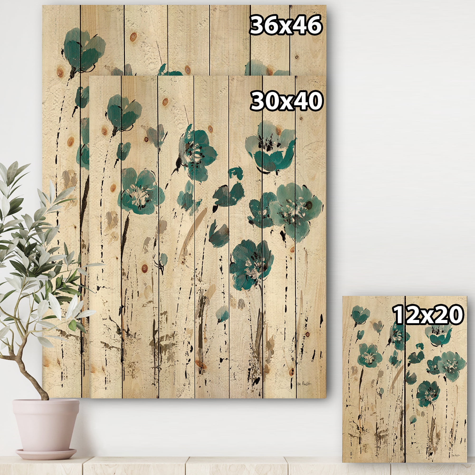 Designart 'Fields of Turquoise Flower Watercolor II' Traditional Print on Natural Pine Wood