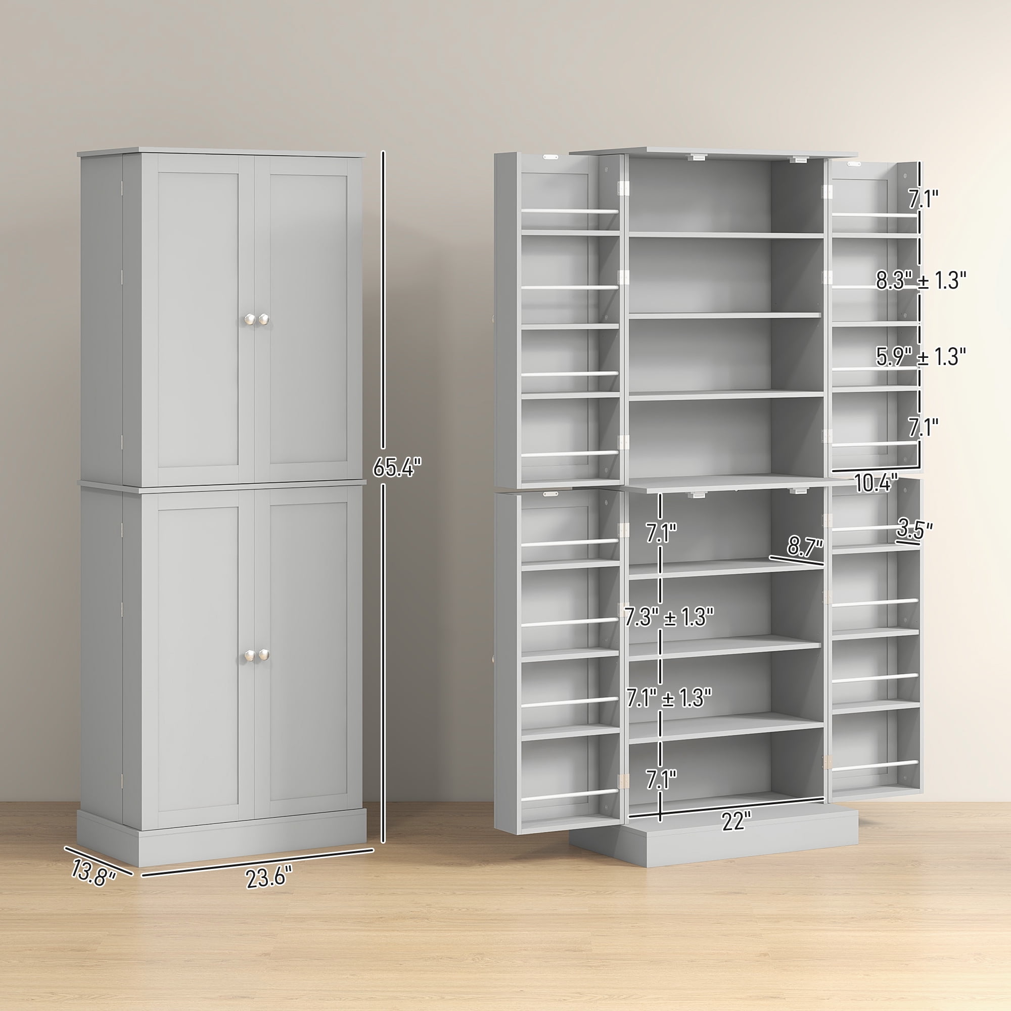 HOMCOM 65" Kitchen Pantry Cabinet with Adjustable Shelves Spick Racks Gray
