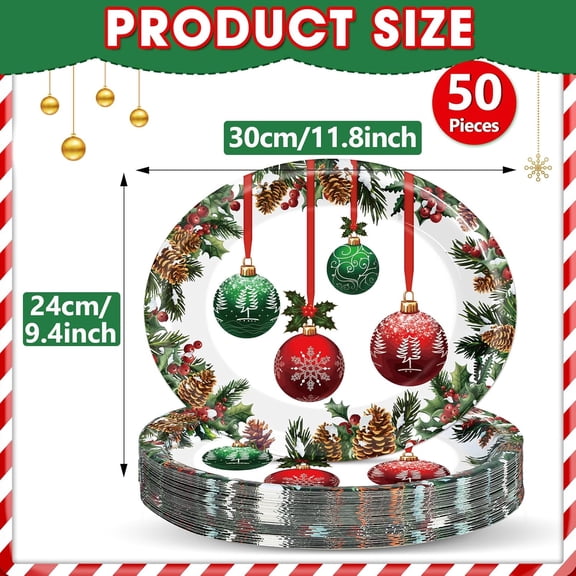 YUYAN-Christmas Oval Paper Plates - 50 Count Large Heavy Duty Red Green Balls Plates 11 x 9 Inch Merry Xmas Disposable Platter for Christmas Party - Winter Holiday Party Serving Dish Supplies