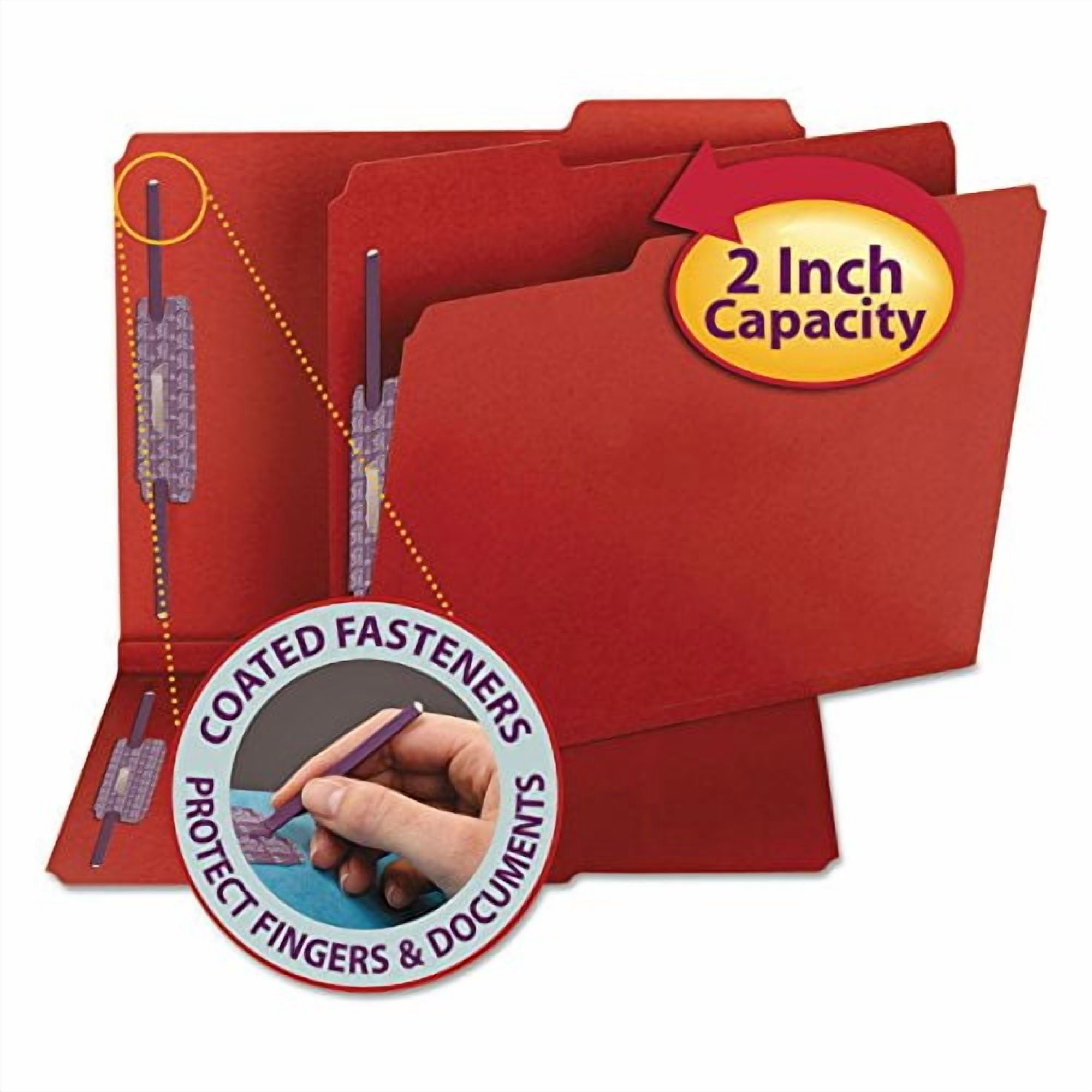Smead Pressboard Fastener File Folder with SafeSHIELDÂ® Fasteners, 2 Fasteners, 1/3-Cut Tab, 2" Expansion, Letter Size, Bright Red, 25 per Box (14936)